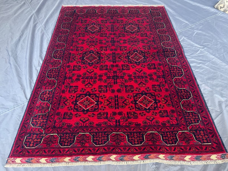 Hand Knotted Afghan Turkmen Rug Khal Mohammadi Red Geometric Moss Rug 3'7x5'2 gallery