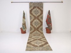 3×13 Turkish Handmade Runner Rug Brown Beige Geometric Vintage 2.6×12.6 ft