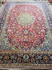 Vintage Hand-Knotted Wool Rug 8×11 – Elegant Oriental Red Field Blue Border