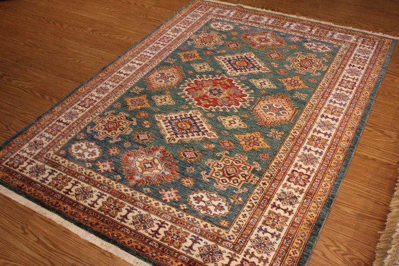 Caucasian Kazak Rug 5x7 ft. HANDMADE AUTHENTIC WOOL RUG Green Background Afghan gallery