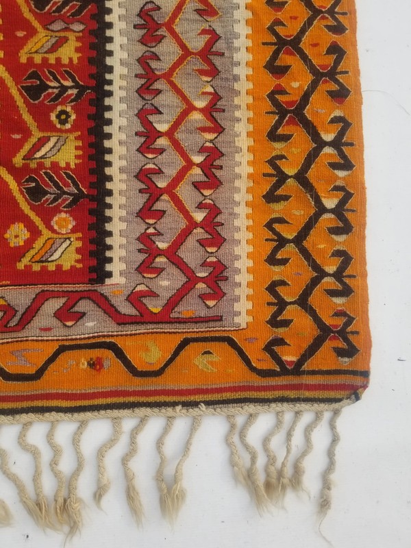 Distressed Vintage Traditional Handmade Kazak Caucasian Wool Kilim 4.11x3.6ft gallery
