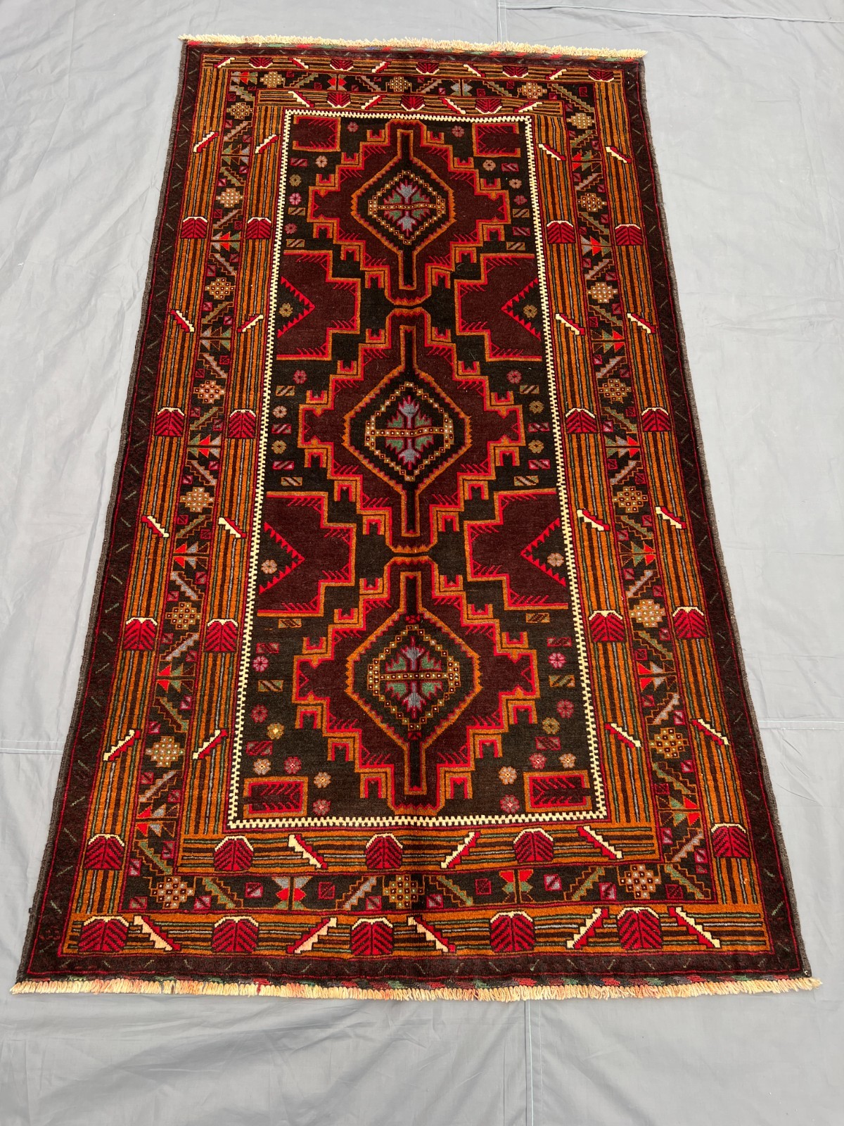 3'7x6'6 ft Vintage Afghan Baluchi Hand-Knotted Bold Geometric Red & Brown Rug gallery