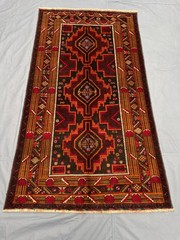 3’7×6’6 ft Vintage Afghan Baluchi Hand-Knotted Bold Geometric Red & Brown Rug