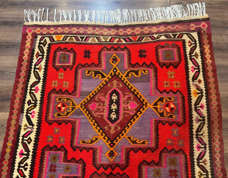 Per'sian Kurdish Zarand Kilim Rug 5x9 Red Geometric Medallions Wide Runner gallery