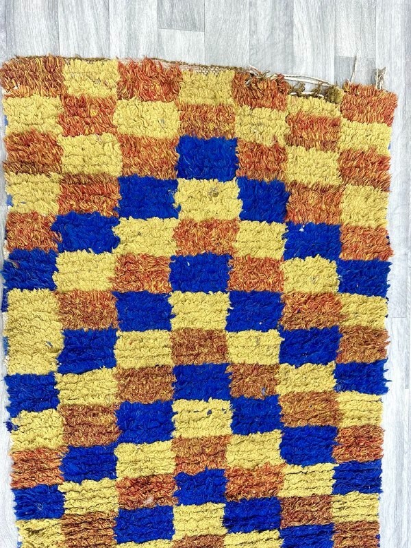 VINTAGE CHECKERED MOROCCAN RUG, Bohrmian Handmade 4'9"x8'3" Boucharouit Runner gallery