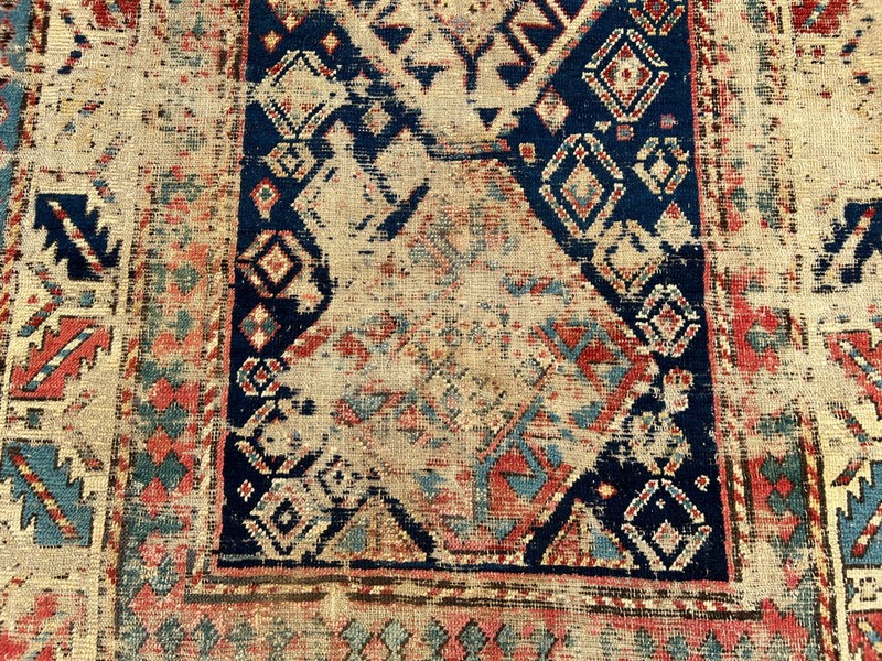 Cream Blue Distressed Low Pile Rug 3x8 ft Hand Knotted Turkish Runner Carpet gallery