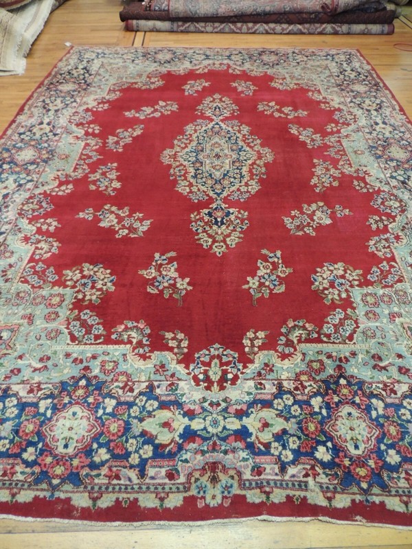10x14 semi-Antique Kermaan Oriental Area Rug wool Red Blue Green Teal Pink gallery