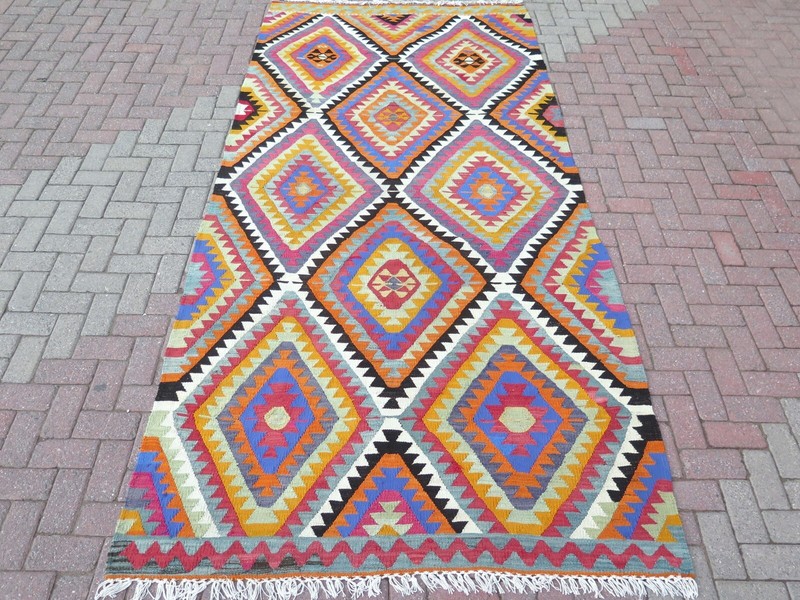 Turkish Kilim Area Rugs, Handmade Floor Carpet, Blue Wool Large Kelim 63"x133" gallery