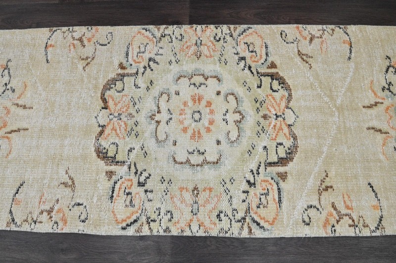 Vintage Turkish Runner Rug 2x7ft BEIGE Handmade Anatolian Oushak Hallway Wool gallery