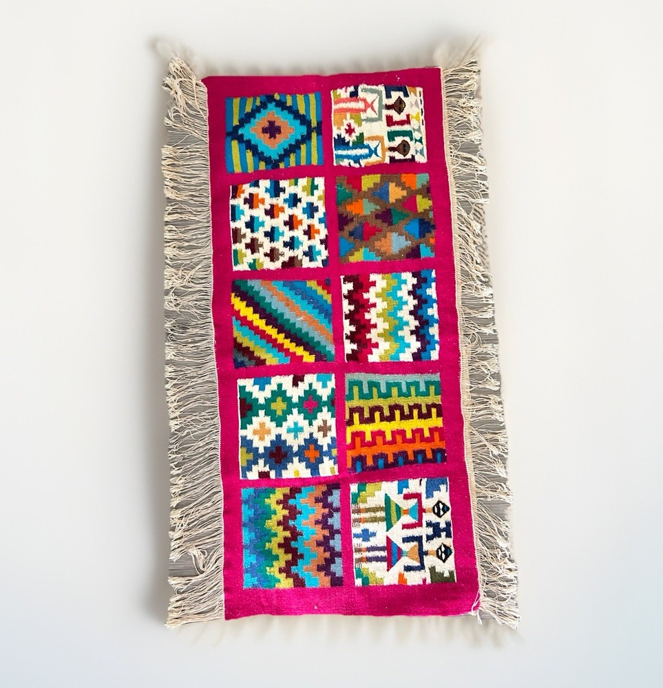 Hand-Woven Tunisian Wool Kilim Motifs Tapestry Rug Colorful Wall Hanging 27x59”