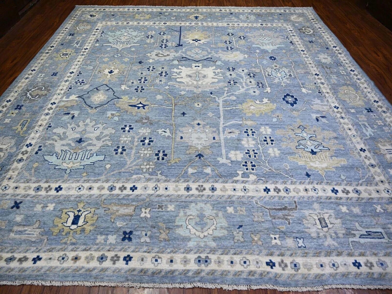 11'8"x11'9" Air Force Blue, Angora Pile Oushak with All Over Motifs Natural Dye gallery