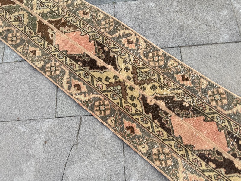 Vintage Turkish Oushak Runner Rug 1.5x12.6 ft Pink Sage Hallway Rug gallery