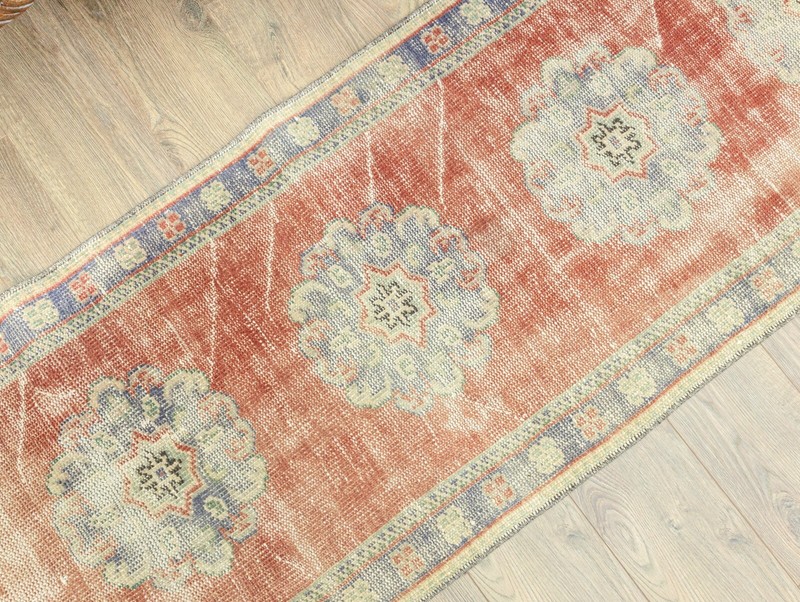 Rustic Turkish Oushak Runner – 2.7x11.7 ft – Distressed Pastel Red & Blue Rug gallery