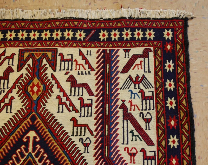 c1930s ANTIQUE SO MUCH DETAILS CAUCASIAN SOUMAK KILIM 3.5x8.11 CRITTER LOVERS gallery