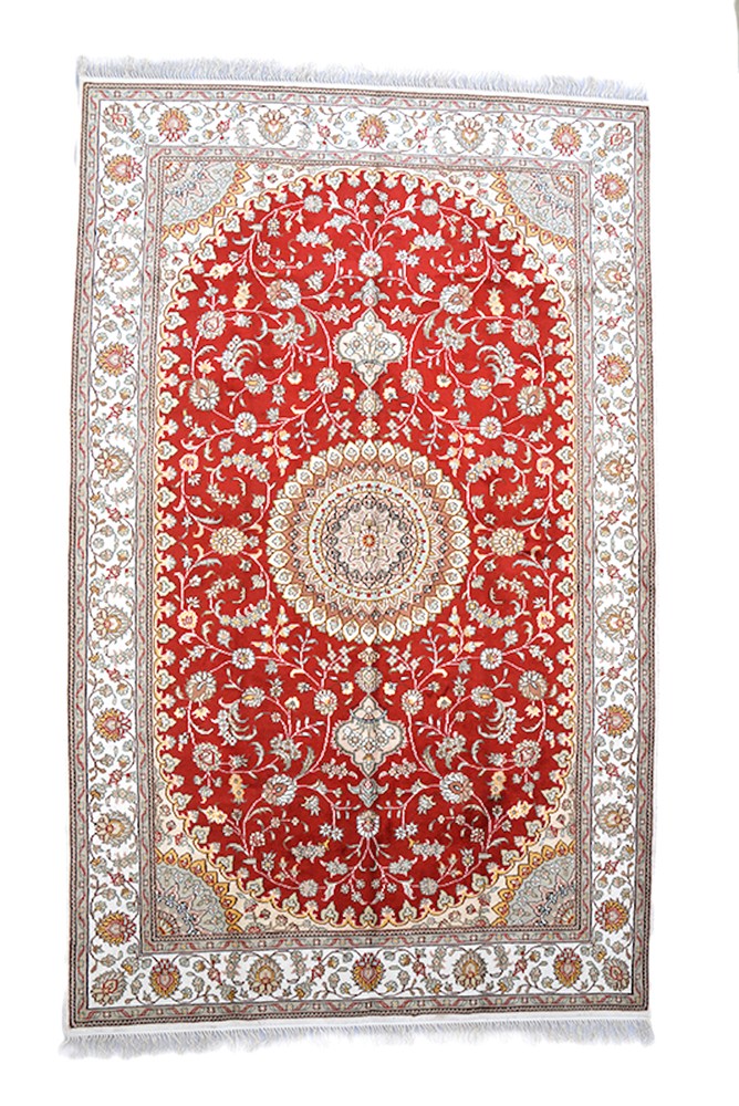 Oriental Silk Oval Medallion Turkish 4' 11" x 7' 10" Red Area Rug