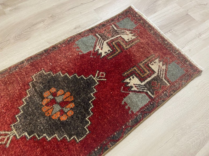 Vintage Anatolian Turkish Rug Handmade Wool Red Hallway Runner 1.6x3.8 Ft gallery