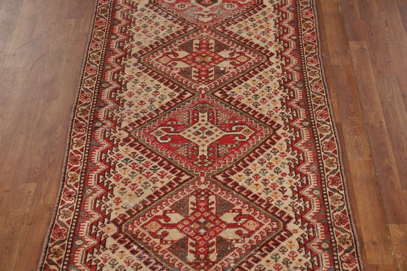 Vintage Tribal Traditional Handmade Geometric Runner Ivory/ Red Wool Carpet 3x10 gallery