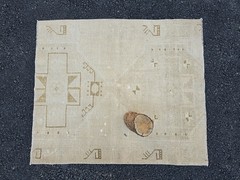 4×4 Ft Vintage Square Rug, Turkish Oushak Wool Rug, Beige Brown Area Rug