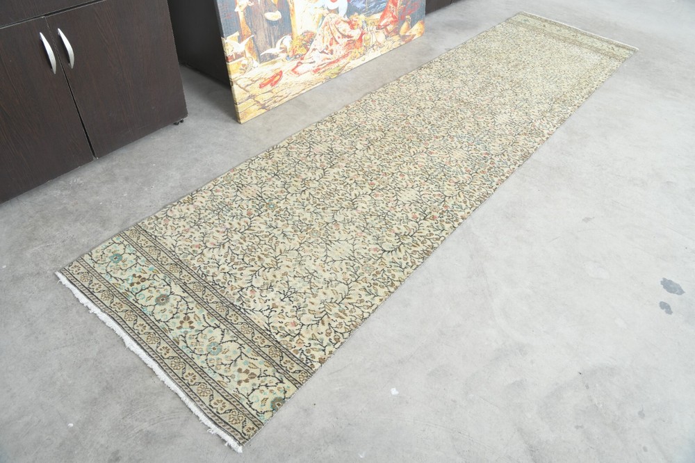 Turkish Rug Runner Hand-Knotted Carpet Vintage Runner Oushak Rug 2x10 ft,1205