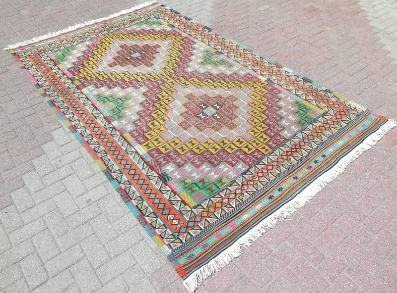 Vintage Turkish Rug, Area Rugs, Large Kilim, Wool Rug, Floor Rug Carpet 75"x122" gallery