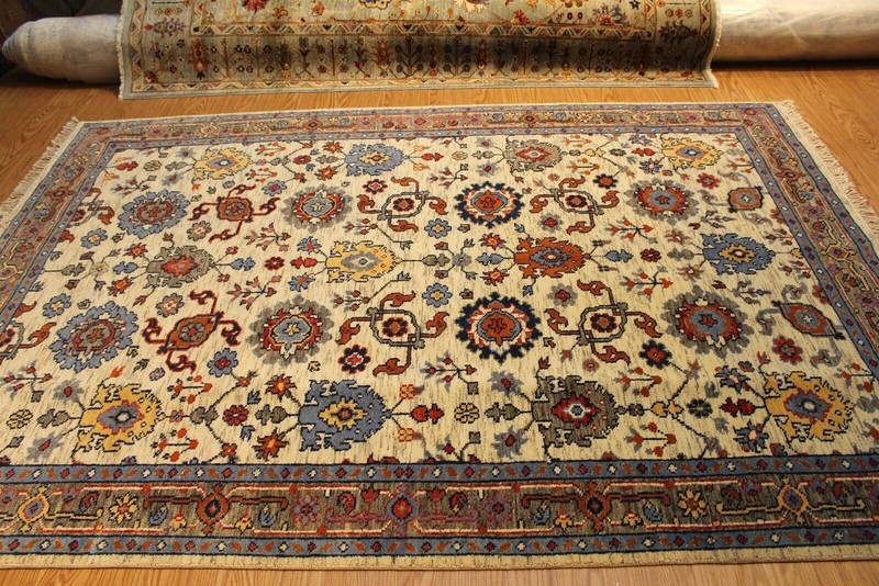 Handmade Wool rug. Beige Background, 6' x 9' red, blue, cream ivory Pm75 gallery