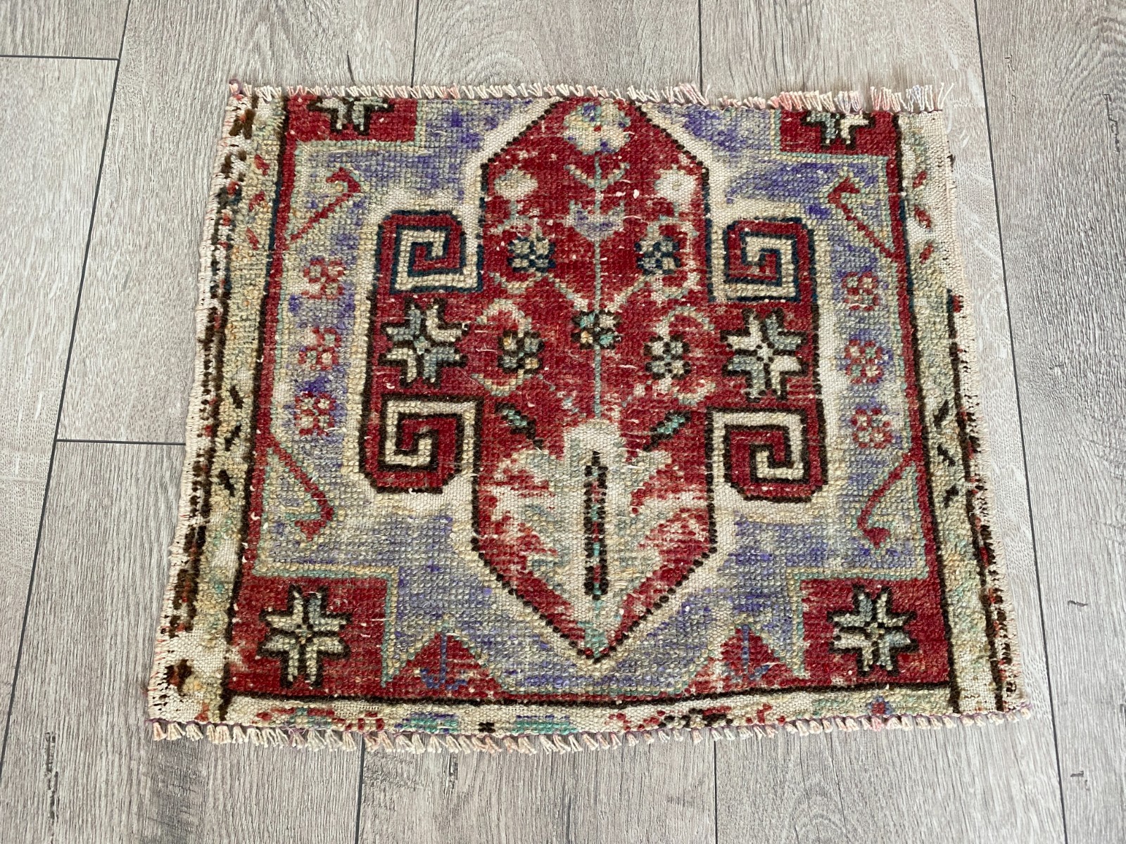 Vintage mini rug, Turkish small rug, Square rug, Bath rug, Wool rug, 1.3x1.5 ft gallery