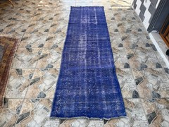 1970s Vintage Turkish Overdyed Runner Rug 2.6×9 ft Cobalt Blue Hand-Knotted Wool