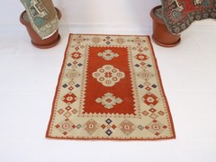Vintage Hand Knotted Accent Rug Red Beige Tribal Geometric 3×4 ft