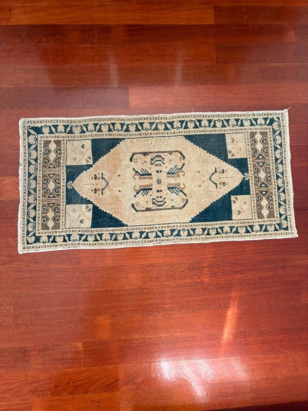Anatolian 2x4 Accent Runner Blue Cream Brown Wool Vintage Hand Knotted Rug gallery