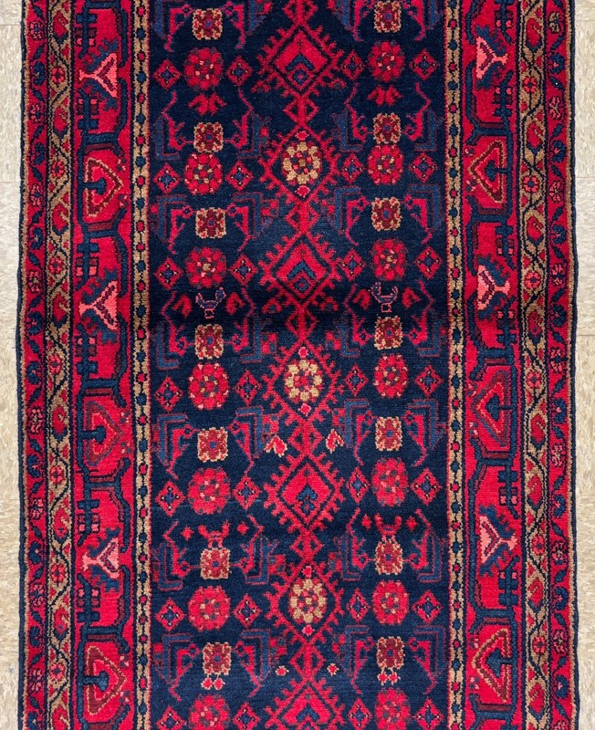 Hamedan Wool Runner Rug 4x13 Hand Knotted Tribal Oriental Navy Blue Hall Vintage gallery