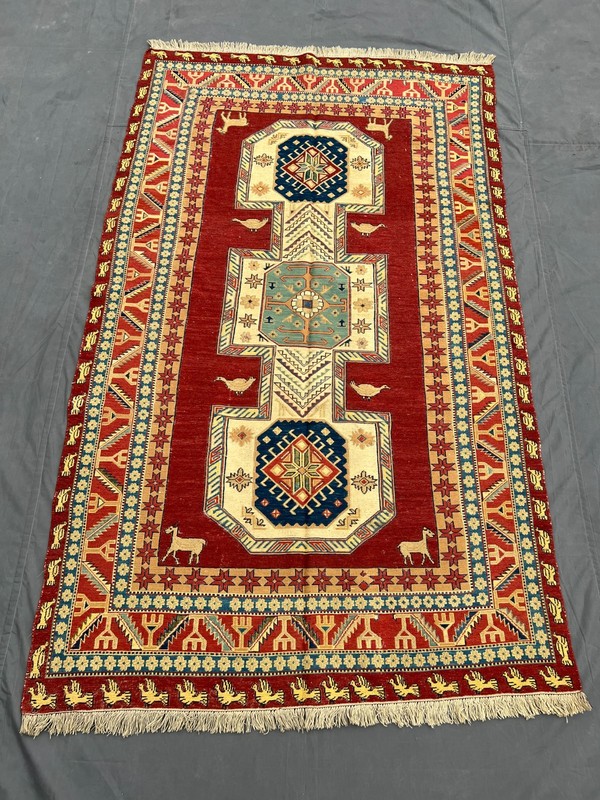 Red Turkish Pictorial Soumak Rug 4'3x7'1 Handmade Wool Animal Tribal Vintage rug gallery