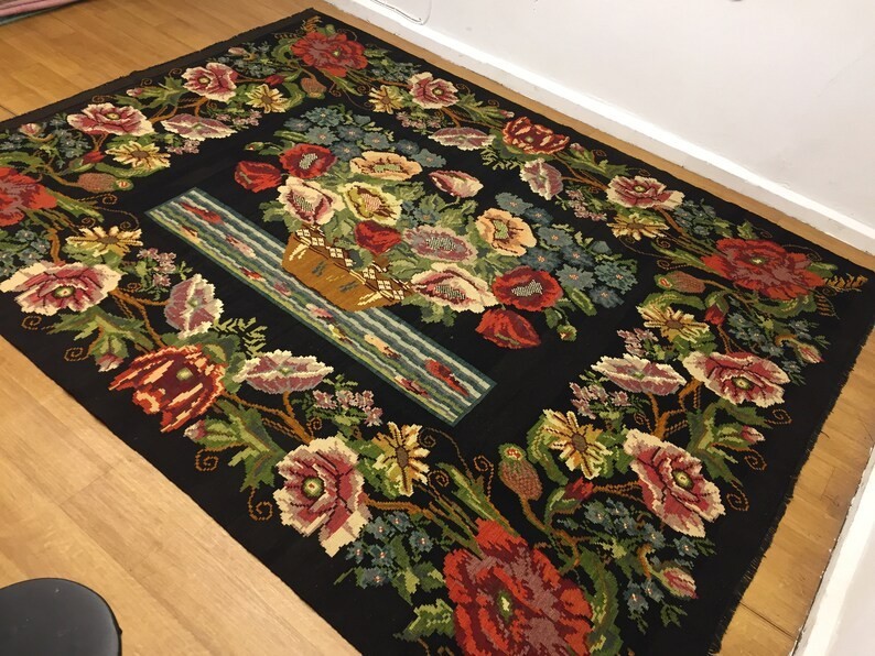 Vintage Turkish Floral Kilim Rug 9x11ft Handmade Flatweave Black Background Wool gallery