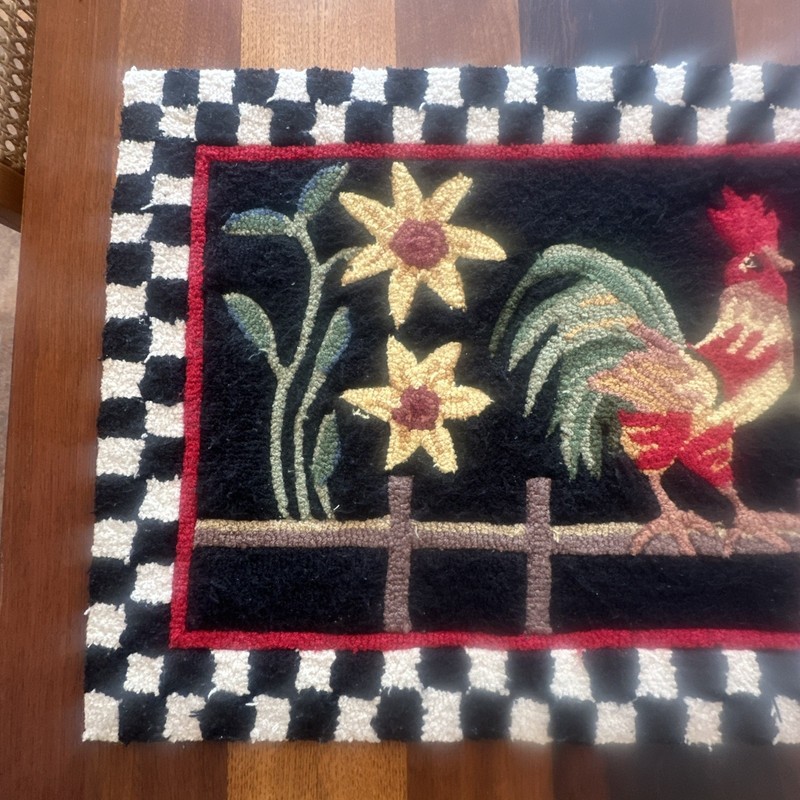 Vintage Hooked Wool Rug Rooster Sunflowers Checkered Border 2x3 #1 gallery