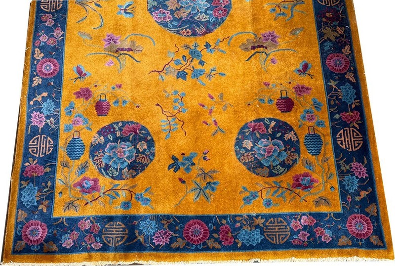 A Stunning Antique 5' x 8' Gold Ground Art Deco Mandarin Chinese Rug Circa 1920 gallery
