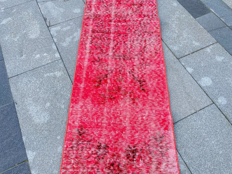 Vintage Turkish Oushak Runner Rug 1.6x9.1 ft Red Distressed Hand Knotted Wool gallery