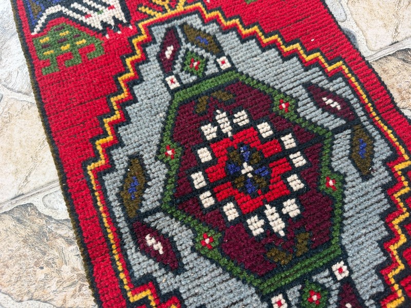 Vintage Small Anatolian Accent Rug Handknotted Red Tribal Wool Yastik Mat 1x3 ft gallery