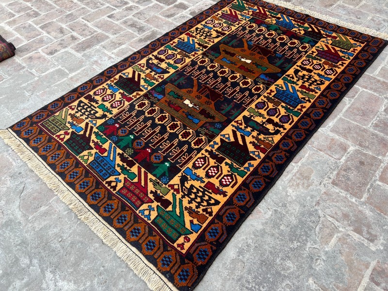 4x6 Ft Afghan War Rug, Vintage Hand-Knotted Tribal Wool Rug, Multi-Color Design gallery