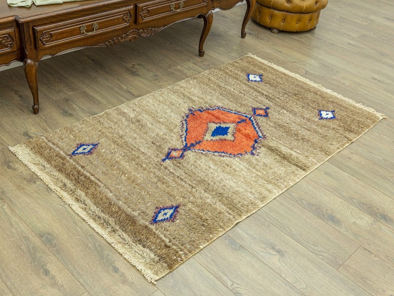 Vintage Anatolian Tulu Rug Handwoven Wool Mohair Shag Taupe Coral 3'4" x 5'9" ft gallery