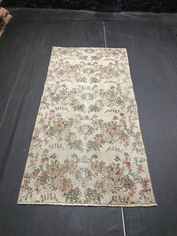 Beige Turkish Vintage Floral Carpet, 3x5.8ft, Antique Handmade Oriental Rug, gallery