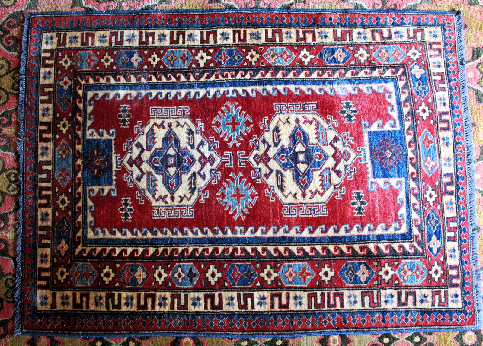 Vintage Kazakh Pakistan Made Hand Knotted Vegetable Dye Wool Rug 41"x56" c.1995 gallery