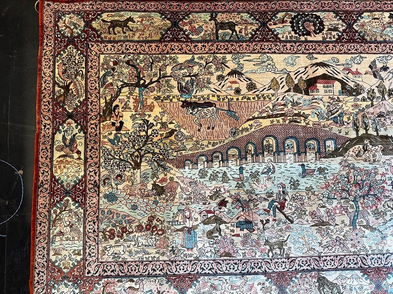 A Vintage 700+ Kpsi Silk On Silk Pictorial Turkish Hereke Rug gallery