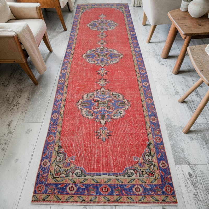 Vintage Turkish Runner Rug Hand-Knotted 1970s Oushak Distressed Low Pile 3x12 ft gallery