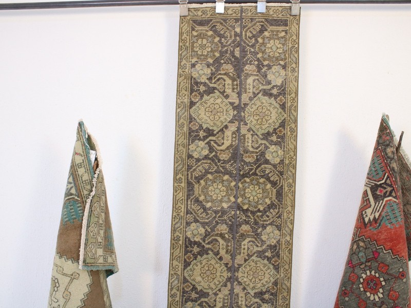2x13 Turkish Handmade Long Runner Rug Beige Blue Patchwork Vintage 1.5x13.1 ft gallery