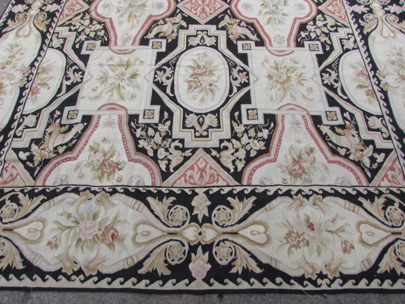 Vintage Hand Made French Design Wool Black Beige Original Aubusson 307X244cm gallery