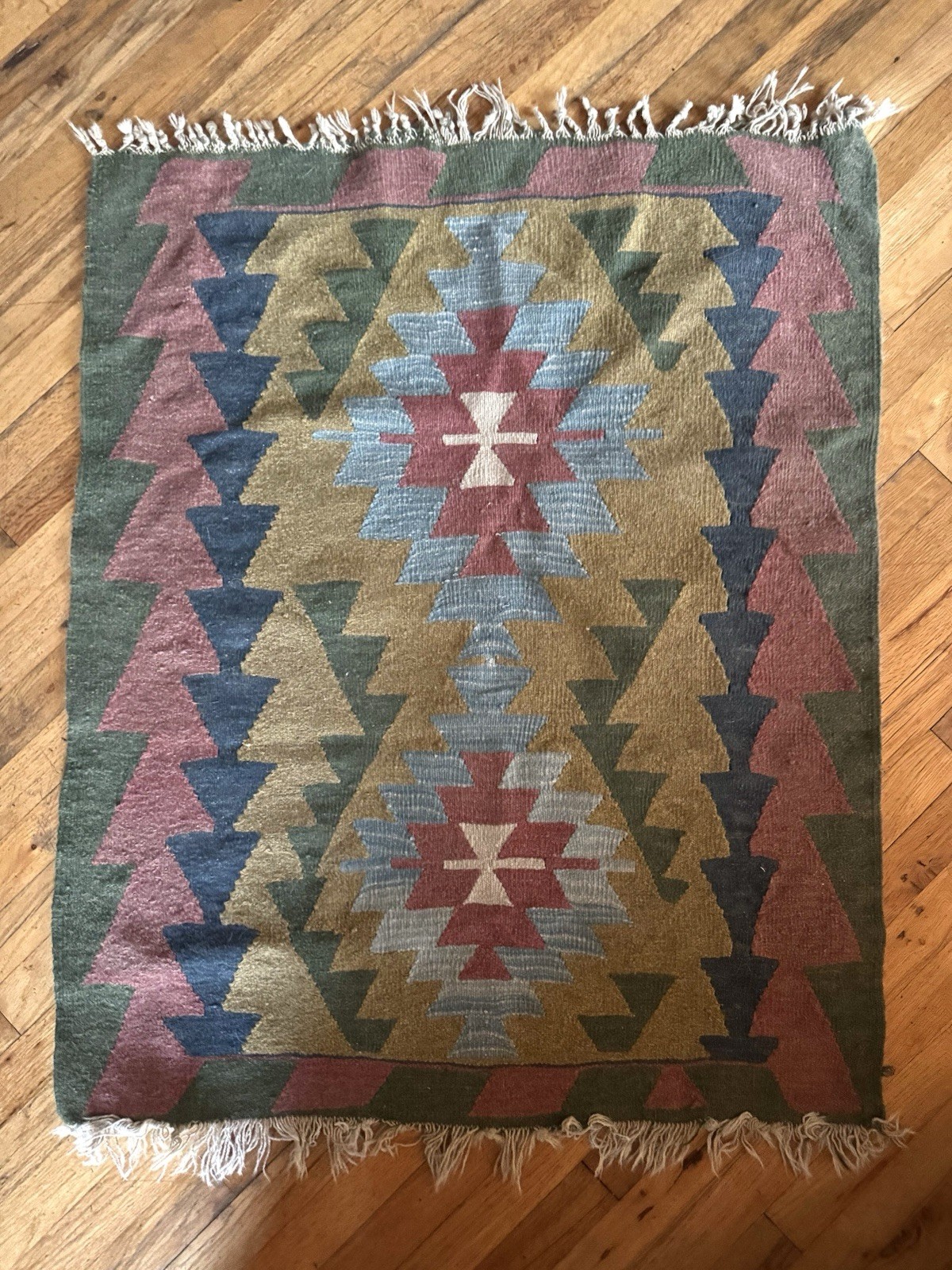 Vtg Wool Kilim Rug Southwest Geometric Handwoven 3 Ft By 4 Ft Boho Mauve Muted gallery