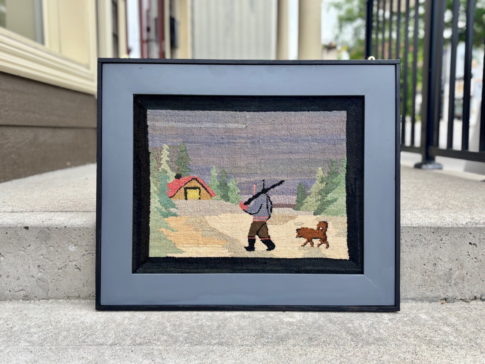 Hooked Grenfell Labrador Industries Rug of a Hunter, Dog, and Cabin with Label gallery