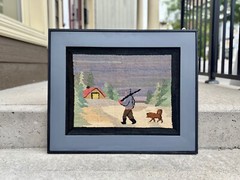 Hooked Grenfell Labrador Industries Rug of a Hunter, Dog, and Cabin with Label