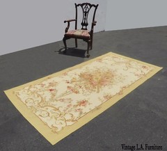 Vintage Hand Knotted Wool Tan Floral Aubusson Tapestry Rug Made In France