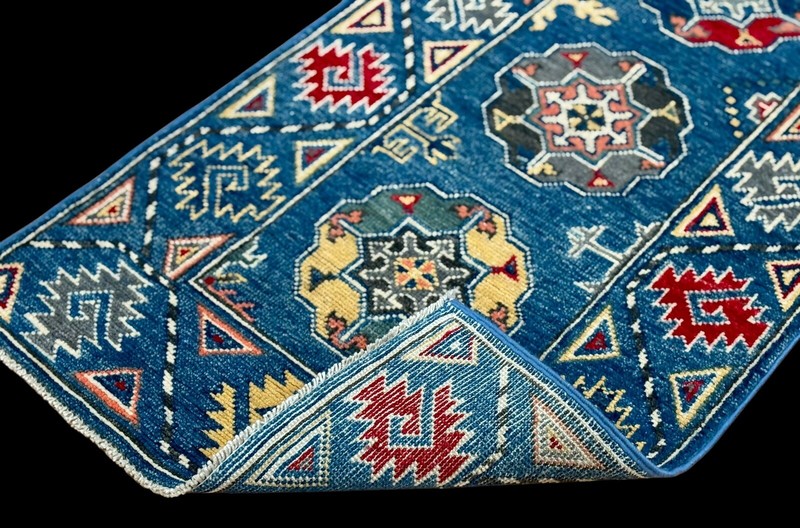 Brand New Colorful Small Runner Handmade Ocean Blue Gold Geometric Pak Kazak 2x6 gallery
