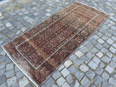 Vintage Oushak Rug, Hand-Knotted Wool, Dark Brown Rust Tribal Small Runner Rug